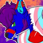 1:1 anthro black_nose blue_body blue_fur canid ear_piercing ear_ring facial_markings flag_in_mouth fur green_markings grin head_markings lgbt_pride lionfloof looking_at_viewer male mammal markings piercing pride_colors red_eyes red_markings ring_piercing signature smile solo transgender_pride_colors