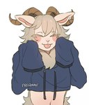 anthro beastars belly blep blush bovid caprine chest_tuft clothing crop_top dall_sheep eyelashes eyes_closed half-length_portrait hi_res hoodie horn long_eyelashes male mammal oversized_clothing pina_(beastars) pink_belly portrait preqame sheep sheep_horns shirt signature simple_background solo tan_body tongue tongue_out topwear tuft watermark white_background