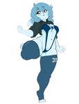 anthro big_breasts blue_body blue_fur breasts clothing conditional_dnp female fur hi_res lagomorph legwear leporid mammal navel on_one_leg rabbit solo standing supertrashparty swimwear text text_on_clothing text_on_legwear text_on_thigh_highs thick_thighs thigh_highs wide_hips