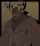 2023 anthro antlers areola armpit_hair beard beard_ponytail biceps bison body_hair bovid bovine braided_beard brown_body brown_fur brown_hair brown_nose deer digital_media_(artwork) eyebrows facial_hair fur hair happy_trail hi_res horn hybrid male mammal muscular muscular_anthro muscular_male navel nipple_piercing nipple_ring nipples pecs piercing ring_piercing solo timdoodles vein veiny_arms veiny_muscles werecreature