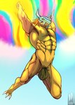 abs anthro armor bandai_namco biceps bulge charging_up claws digimon digimon_(species) energy_ball green_eyes hair headgear helmet hi_res iudicium86 lgbt_pride male mostly_nude muscular muscular_anthro muscular_legs muscular_male nipples pecs pouch_(clothing) pride_colors red_hair scalie solo wargreymon