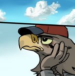 accipitrid accipitriform amphibian anthro avian beak bird brown_body brown_feathers clothed clothing cloud eagle feathers frog guran_ji_(shurueder) hand_on_cheek hat headgear headwear male pareidolia pondering shurueder sky solo thinking thoughtful_expression