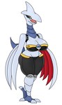 anthro armwear big_breasts blue_eyes bottomwear breasts claws clothing female generation_2_pokemon grey_body hi_res huge_breasts metallic_body nintendo pants pokeball pokemon pokemon_(species) simple_background skarmory solo tail teeth topwear urusee584 white_background wings