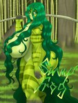 3:4 amphibian anthro areola big_breasts big_butt biped breasts butt convenient_censorship female frog green_body green_hair hair hair_covering_breasts hi_res huge_breasts long_hair looking_at_viewer lurking_tyger nude solo thick_thighs