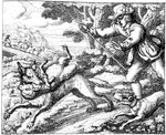 1687 17th_century aesop's_fables ancient_art big_bad_wolf boots bovid canid canine canis caprine clothing crook domestic_dog equid equine fairy_tales feral footwear francis_barlow gloves greyscale group handwear hat headgear headwear horse human male mammal meadow monochrome plant public_domain sheep shepherd shoes staff the_boy_who_cried_wolf tree wolf woodcut