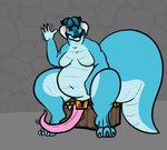 animate_inanimate anthro autumz belly big_belly big_tail blue_body blue_scales blue_skin breasts cassel_(autumz) digitigrade dragon dungeon female gesture grey_background horn imminent_rape lock long_tail long_tongue mimic mimic_chest motion_lines mythological_creature mythological_scalie mythology navel overweight overweight_anthro overweight_female potbelly reptile scales scalie simple_background sitting sitting_on_chest smile solo solo_focus stone_wall tail teeth thick_thighs tongue tongue_out unaware wall_(structure) waving