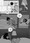 bed biped clothed clothing comic demon dialogue english_text fingers freckles_(artist) furniture hair horn monochrome on_bed pajamas pillow spade_tail tail text thought_bubble