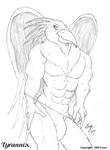 1999 abs anthro avian big_bulge biped bulge chest_tuft clothed clothing foxen graphite_(artwork) greyscale hair half-length_portrait male male_anthro monochrome muscular muscular_anthro muscular_male pecs pencil_(artwork) portrait solo speedo speedo_only spiky_hair swimwear topless traditional_media_(artwork) tuft tyrannix_(foxen) undressing wings