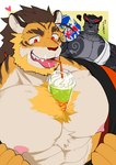 abs anothereidos_of_dragon_vein_r anthro anthrofied asian_clothing bear beard big_nipples body_hair chest_hair chest_tuft claws clothing crossed_arms dkqthf drink_on_pecs drinking_straw duo east_asian_clothing facial_hair felid hair hand_fan japanese_clothing jinnosuke_(anothereidos_r) male mammal muscular muscular_male nipples open_mouth pantherine pawpads pecs pink_nipples ponytail presenting presenting_pecs rasho_(anothereidos_r) red_eyes scar tattoo tiger tongue tongue_out tuft yukata