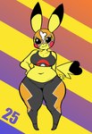 anthro belly bra camel_toe clothing cosplay_pikachu_(character) cosplay_pikachu_(costume) digital_media_(artwork) female hi_res mask navel nintendo number pikachu_libre pirpole_haze pokemon short_stack solo sports_bra underwear