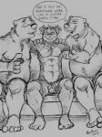 2019 anthro bear belly bottomwear canid canine canis clothed clothing collar dialogue domestic_dog dominant dominant_male electronics english_text group headphones hi_res hypnosis k-9 larger_male male male/male mammal mind_control monochrome navel nipples ringed_eyes shorts size_difference smaller_male speech_bubble submissive submissive_male text topless trio