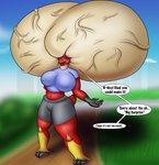 2024 anthro big_brain big_breasts big_cranium blaziken blue_clothing blue_eyes blue_shirt blue_topwear blush bottomwear brain_expansion brain_growth breasts clothing colored cranium_growth dialogue digital_media_(artwork) english_text expansion eyelashes female generation_3_pokemon grey_bottomwear grey_clothing grey_shorts hi_res huge_brain huge_breasts huge_cranium hyper hyper_brain hyper_cranium looking_at_viewer navel nintendo open_mouth open_smile outside pink_tongue pokemon pokemon_(species) red_body red_tail scut_tail shaded shirt short_tail shorts shy smile smiling_at_viewer solo speech_bubble tail text thick_thighs tongue topwear vein veiny_head xxsilverflarexx yellow_sclera