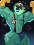 3:4 abs anthro biceps bone clothing digital_drawing_(artwork) digital_media_(artwork) electronics flexing flexing_bicep flexing_both_biceps ghost gloves green_body green_eyes handwear hat headgear headphones headwear hi_res humanoid league_of_legends male muscular muscular_anthro muscular_male nipples pecs ric_beef_pot riot_games simple_background skeleton skull skull_head spirit tencent thresh underwear