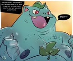 anthro bodily_fluids dialogue english_text generation_1_pokemon hashmarks hi_res ivysaur leaf male moobs musk musk_clouds nintendo nipples nude obese overweight overweight_anthro overweight_male pokemon pokemon_(species) solo speech_bubble sweat text trashtoonz