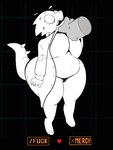 2024 alphys ambiguous_gender anthro belly big_breasts big_butt breasts butt clothing coat disembodied_hand duo female forced forced_exposure front_view goz-o hi_res huge_breasts lab_coat lifting_partner lizard overweight overweight_anthro overweight_female questionable_consent reptile scalie text thick_thighs thong topwear undertale_(series) underwear wide_hips