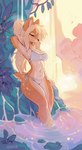 absurd_res almond_(waspsalad) anthro bikini blonde_hair breasts cleavage clothed clothing deer droplets eyes_closed female hair hi_res mammal nature nature_background navel partially_submerged side-tie_bikini smile solo string_bikini swimwear thick_thighs two-piece_swimsuit waspsalad water waterfall waterfall_shower