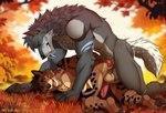 anal anal_penetration animal_genitalia animal_penis anthro anthro_on_anthro anthro_penetrated anthro_penetrating anthro_penetrating_anthro autumn balls brown_body brown_fur canid canine canine_genitalia canine_penis canis clenched_teeth doggystyle duo erection eyes_closed felid feline from_behind_position fur genitals grey_body grey_fur hi_res hive43 humanoid_genitalia humanoid_penis knot leaf male male/male male_penetrated male_penetrating male_penetrating_male mammal markings motion_lines outside penetration penile penile_penetration penis penis_in_ass plant serval sex spots spotted_body spotted_fur teeth tree wolf