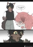 anthro black_hair canid canine clothed clothing comic dialogue digital_media_(artwork) duo english_text female female_anthro fox fully_clothed fur fur_(theterm) green_eyes hair hair_over_eye hi_res kemono long_hair mammal night_(theterm) one_eye_obstructed pink_body pink_eyes pink_fur pink_hair pink_nose sad scared scared_expression scared_face shocked simple_background tail text theterm topwear url young