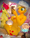 3d_(artwork) 4:5 absurd_res anthro anthrofied apple_bloom_(mlp) applejack_(mlp) areola big_breasts big_butt blonde_hair breasts brush brushing brushing_teeth butt cellphone digital_media_(artwork) duo electronics equid equine eyelashes female forsaken_(artist) freckles friendship_is_magic hair hasbro hi_res holding_cellphone holding_object holding_phone looking_at_viewer mammal my_little_pony nipples phone red_hair selfie sibling_(lore) sister_(lore) sisters_(lore) sugar_belle_(mlp) towel towel_on_head