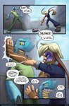 anthro biped blonde_hair blue_body bmbrice clothed clothing colored comic dialogue dialogue_box duo english_text female green_clothing green_eyes hair hi_res humanoid lizard male nazuret_kheilafi open_mouth outside reptile scalie speech_bubble supercell_(comic) tan_body text url zeikauko