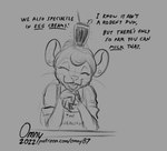 2022 anthro apron beverage clasped_hands clothing dialogue digit_ring ear_piercing english_text eyes_closed female front_view greyscale guide_lines hair hair_bun hands_together humor it's_on_the_mouse jewelry looking_at_viewer mammal meme monochrome mouse murid muriel_(omny87) murine object_on_head omny87 open_mouth piercing pun ring rodent rolled_up_sleeves shirt sketch smile smoothie solo talking_to_viewer text text_on_apron text_on_clothing topwear url wedding_ring whiskers