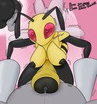 2024 anon antennae_(anatomy) anthro arthropod balls beedrill big_penis black_arms black_legs bodily_fluids bonebees breasts butt cowgirl_position digital_drawing_(artwork) digital_media_(artwork) duo exoskeleton flapping_wings from_front_position generation_1_pokemon genital_fluids genitals gynomorph hanging_breasts heart_eyes heart_symbol hi_res huge_penis intersex intersex/male male multicolored_body multiple_angles nintendo nipples non-mammal_nipples on_bottom on_top penis pokemon pokemon_(species) precum rear_view red_eyes sex shaking simple_background stripes two_tone_body wings yellow_body