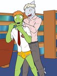 2018 amphibian anthro ball_gag ballgagged belt blaise_(fuze) book bookshelf bottomwear briefs bulge clothed clothing desk duo fish forced frog furniture fuze gag gagged hi_res male male/male marine necktie pants shark shirt size_difference table topwear underwear yellow_briefs yellow_clothing yellow_underwear