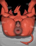 absurd_res anal_hair angry anthro anus areola big_breasts big_butt blush bodily_fluids breasts butt butt_focus demon female gaping gaping_anus genitals hi_res huge_breasts im51nn5 legs_up lucia_(satina) nude orange_sclera pubes pubes_in_mouth puffy_anus pussy red_body red_tail satina_wants_a_glass_of_water shadow solo stray_pubes sweat tail wings