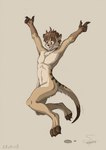 after_transformation anthro brown_body brown_fur brown_hair claws eleode finger_claws fur hair happy herpestid jumping male mammal meerkat navel nude open_mouth pawpads solo stripes titash_(character) toe_claws