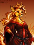 3:4 angrycontra anthro asian_clothing black_sclera breasts canid canine clothed clothing digital_media_(artwork) east_asian_clothing elemental_creature elemental_foxes female fire fire_creature fire_fox flaming_hair fox fox_ears fox_spirit fur hair hi_res japanese_clothing kimono looking_at_viewer mammal open_mouth orange_body orange_fur pseudo_hair pseudo_mane smile solo teeth yellow_body yellow_eyes yellow_fur