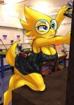 absurd_res alphys anthro barefoot big_breasts blue_eyes bluewolfartista breasts buckteeth butt cleavage clothed clothing dress eyebrows eyewear feet female flat_texture glasses hi_res japanese_text nipple_outline non-mammal_breasts reptile scales scalie side_boob solo tail teeth text thick_eyebrows thick_tail tight_clothing undertale undertale_(series) yellow_body yellow_scales