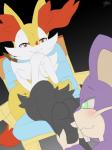 2016 3:4 3_toes ambiguous_gender anthro braixen canid canine duo feet female foot_fetish foot_rub fur generation_1_pokemon generation_6_pokemon gradient_background green_eyes hi_res hindpaw larger_female male mammal nintendo paws pokemon pokemon_(species) rattata red_eyes rodent signature simple_background size_difference smaller_male stick toes winick-lim