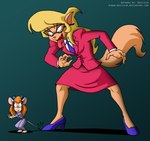 anthro blonde_hair business_suit callie_briggs chip_'n_dale_rescue_rangers clothed clothing crossover digital_media_(artwork) disney domestic_cat duo english_text eyewear fangs felid feline felis female footwear fur gadget_hackwrench glasses goggles hair hanna-barbera hi_res high_heels jumpsuit mammal metro-goldwyn-mayer mouse murid murine niban-destikim open_mouth plantigrade rodent shoes simple_background stepping_on_tail suit swat_kats teeth text tom_and_jerry tongue tongue_out url voice_actor_joke wide_hips