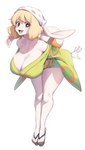 2024 absurd_res anthro asian_clothing bent_over big_breasts blonde_hair blush breasts brown_eyes carrot_(one_piece) cervina7_(artist) cleavage clothed clothing collarbone dress east_asian_clothing feet female fluffy fluffy_tail footwear fur green_clothing green_kimono hair hi_res huge_breasts humanoid_feet humanoid_hands japanese_clothing kimono lagomorph leporid long_ears looking_at_viewer mammal minidress no_bra one_piece open_mouth plantigrade rabbit sandals shoes short_hair short_kimono simple_background smile solo standing tail teeth thick_thighs tongue upper_teeth upper_teeth_only white_background white_body white_fur white_skin