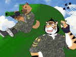 5_fingers anthro belt benki_wars boots bottomwear camo camo_bottomwear camo_clothing camo_pants camo_print camo_shirt camo_topwear canid canine canis captain_dog cigar clothing combat_boots domestic_dog duo facial_scar felid fighter_plane fingerless_gloves fingers footwear german_shepherd gloves handwear herding_dog hi_res lieutenant_trouser male male/male mammal one_eye_closed pantherine pants pastoral_dog pattern_bottomwear pattern_clothing pattern_pants pattern_shirt pattern_topwear scar shi_ba_ki_chi shirt shoes sitting_on_object smile smoking smoking_cigar tiger topwear wink