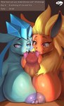 absurd_res anthro areola big_breasts big_penis blue_body blue_eyes bodily_fluids breast_play breast_squish breasts challenge cum eevee eeveelution ejaculation english_text erect_nipples female flareon fur generation_1_pokemon generation_4_pokemon genital_fluids genitals glaceon group group_nudity hi_res huge_breasts human humanoid_genitalia humanoid_penis hyper hyper_breasts ice ice_hair kyuq licking licking_tip looking_at_genitalia looking_at_penis looking_pleasured male male/female mammal mostly_offscreen_character neck_tuft nintendo nipples nipples_touching nude nude_anthro nude_female nude_human nude_male oral orange_body penile penis penis_lick penis_worship pink_areola pink_nipples pink_tongue pokemon pokemon_(species) purple_areola purple_nipples red_eyes sex simple_background smile squish text text_box titfuck tongue tongue_out trio tuft yellow_body yellow_fur