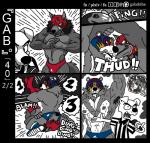 5_fingers abs anthro bear biceps black_border bodily_fluids boots border bulge canid canine canis clothed clothing comic cutaway cute_fangs domestic_dog electronics emanata fingers footwear fully_clothed gab_(comic) gabshiba group inside leg_grab male mammal mask microphone muscular muscular_male navel nipples open_mouth partially_colored pecs pink_tongue pit_bull ruff_bull shirt shoes standing sweat tank_top tongue topless topwear wolf wrestling