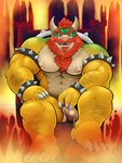 2024 abs anthro arm_hair armband beard biceps bodily_fluids body_hair bowser bowser_day bracelet chair chest_hair claws daddyfication deltoids dripping erection evil_grin facial_hair fire forearm_hair forearms furniture genital_fluids genitals grin grinning_at_viewer hair hairy hand_on_leg hi_res horn jewelry koibitohw1912 koopa lava leg_hair looking_at_viewer male manly mario_bros mature_male muscular muscular_arms muscular_legs muscular_male mustache nintendo nipples nude pecs penis precum precum_drip raised_knee red_hair scalie sitting smile solo spiked_armband spiked_bracelet spikes throne triceps