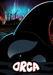 anthro building cetacean city comic cover cover_art cover_page crane_(machine) dc_comics dolphin female flipper_fin looking_at_viewer mammal marine multicolored_body oceanic_dolphin orca orca_(dc) partially_submerged red_eyes sea skyscraper solo toothed_whale transient001 water