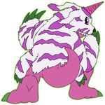 1:1 animal_skin anthro bandai_namco claws digimon digimon_(species) fur hi_res horn male pink_body psychemon purple_eyes rear_view solo striped_body striped_fur stripes wsdigi