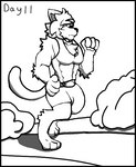 anthro athletic_wear balls barefoot big_balls big_penis black_border border bottomwear bulge clothing detailed_bulge feet felid feline genital_outline genitals growth gym_bottomwear gym_shorts huge_balls huge_penis humanoid hyper hyper_balls hyper_genitalia hyper_penis jogging kahto_(character) kahto_taph42 male mammal meme monochrome muscle_growth muscular muscular_male no_nut_november path penis penis_outline plant running shaded shorts shrub solo tail tail_tuft tight_bottomwear tight_clothing tuft