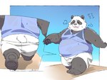 2024 4:3 anthro bear belly big_belly black_body black_nose bodily_fluids bottomwear butt clothing eyes_closed giant_panda hi_res inunoshippo kemono male mammal overweight overweight_male shirt shorts solo sweat tired topwear walking white_body