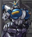 2023 antennae_(anatomy) armor artist_name big_breasts blue_body blue_breasts breasts epsi110 faceplate female gat-x102_duel_gundam green_eyes gundam hand_on_breast hand_on_hip hangar head_cannon hi_res humanoid inside looking_at_viewer machine mecha metallic_body mobile_suit mobile_suit_gundam_seed mouthless multicolored_body not_furry pauldron portrait robot robot_humanoid shaded small_head solo three-quarter_portrait two_tone_body wet_breasts white_body