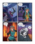 2022 4:5 4_toes 5_fingers anthro bed black_nose blue_eyes breasts canid canine clothed clothing comic demicoeur dialogue digital_media_(artwork) english_text feet female fingers fur furniture grey_body grey_fur hi_res mammal on_bed open_mouth procyonid purple_eyes raccoon raccoon_dog saffron_(demicoeur) smile standing teeth text toes tongue willow_(theredhare)