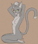 anthro areola breasts colored countershading digital_drawing_(artwork) digital_media_(artwork) eyebrows felid feline female female_anthro fur grey_body grey_fur hands_behind_head hi_res johndoe8771 kneeling looking_at_viewer mammal multicolored_body multicolored_fur navel nipples nude plantigrade side_view simple_background small_breasts smile solo sylvania_(johndoe8771) tail yellow_eyes