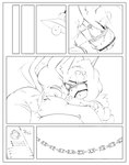 anthro bent_legs border chain comic comic_panel duo eli_(elicazz) elicazzz eyes_closed felid feline female female/female feral gag hi_res leaning_over light light_bulb line_art mammal monochrome muzzle_(object) muzzle_gag muzzled mythological_creature mythological_sphinx mythology nonbinary_(lore) pawpads paws poofy_hair raised_tail resting sleeping stripes tail tail_motion tailwag white_border