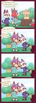 absurd_res animal_crossing anthro audie_(animal_crossing) canid canine canis clothed clothing comic dialogue digital_media_(artwork) doing_it_wrong domestic_cat dress duo english_text eyewear felid feline felis female glasses hammer hi_res humor mammal nintendo olivia_(animal_crossing) r-mk speech_bubble text tools wolf