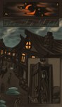 black_hair building chimney cloak clothed clothing cloud cloudy_sky comic crowd door eye_bags fantasy group hair hi_res human long_hair male mammal moon night outside puddle raining sky smoke solo_focus star starry_sky street taraelblackwing town