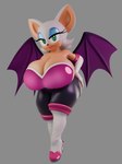 3d_(artwork) absurd_res anthro bat big_breasts biped bottomwear breasts clothed clothing digital_media_(artwork) eyelashes female glistening glistening_body glistening_bottomwear glistening_breasts glistening_clothing glistening_eyeshadow glistening_skin hand_on_butt hi_res huge_breasts looking_at_viewer mammal membrane_(anatomy) membranous_wings nottanj_rouge pupils rouge_the_bat sega sekaithereturn smile solo sonic_the_hedgehog_(series) thick_thighs tight_clothing wings