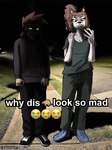 absurd_res anthro canid canine canis clothed clothing detailed_background duo female hi_res male mammal meme moze_(rsbr) night outside pangolin photo_background photography_(artwork) ron_(rsbr) rsbr why_dis_look_so_mad_(meme) wolf